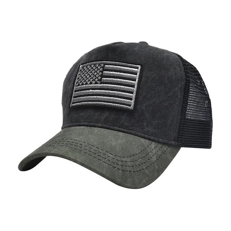 A dark gray tactical baseball cap featuring a silver American flag patch on the front.