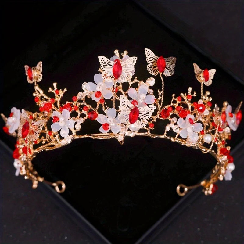 Tiare et couronne en strass or avec motifs floraux et papillons, accents rouge et blanc