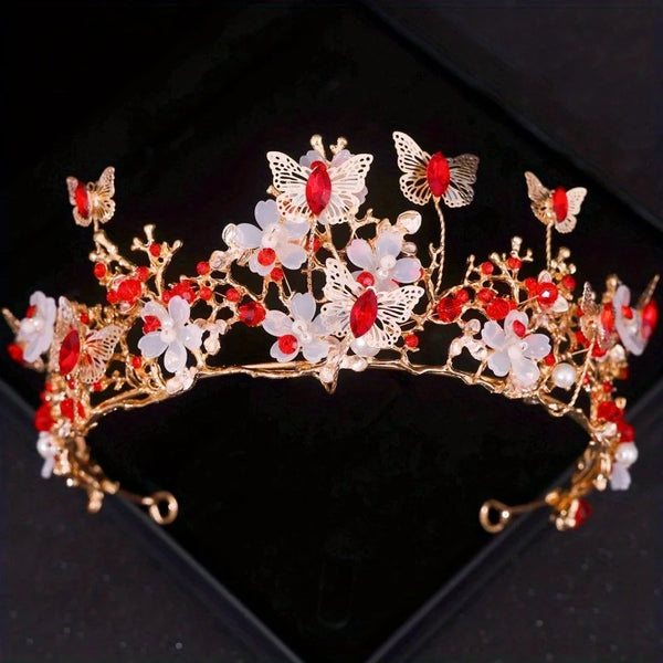 Gold rhinestone tiara and crown set featuring floral and butterfly designs with red and white accents