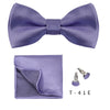 A purple bow tie and cufflink set displayed on a white background.