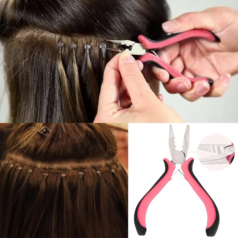 Un par de pinzas mini rosas de precisión y un abridor metálico para extensiones de cabello.
