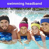 A group of people wearing swimming headbands enjoying water sports in a pool.