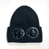 Black knit windproof hat with round, dark tinted goggles