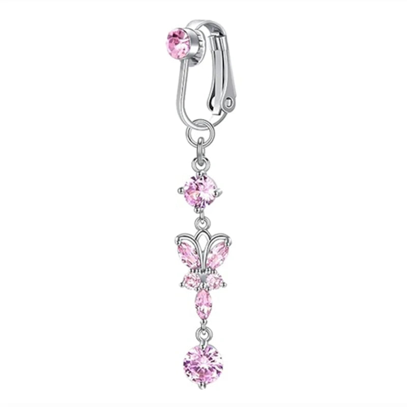 Silver fashion belly button rings featuring pink gemstones and a delicate butterfly charm.