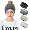 A woman models a gray knitted plush winter ear warmer headband with various views shown on the right.