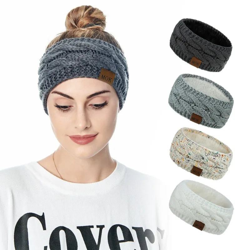A woman models a gray knitted plush winter ear warmer headband with various views shown on the right.