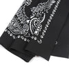 Black paisley bandana scarf featuring white intricate patterns and stars