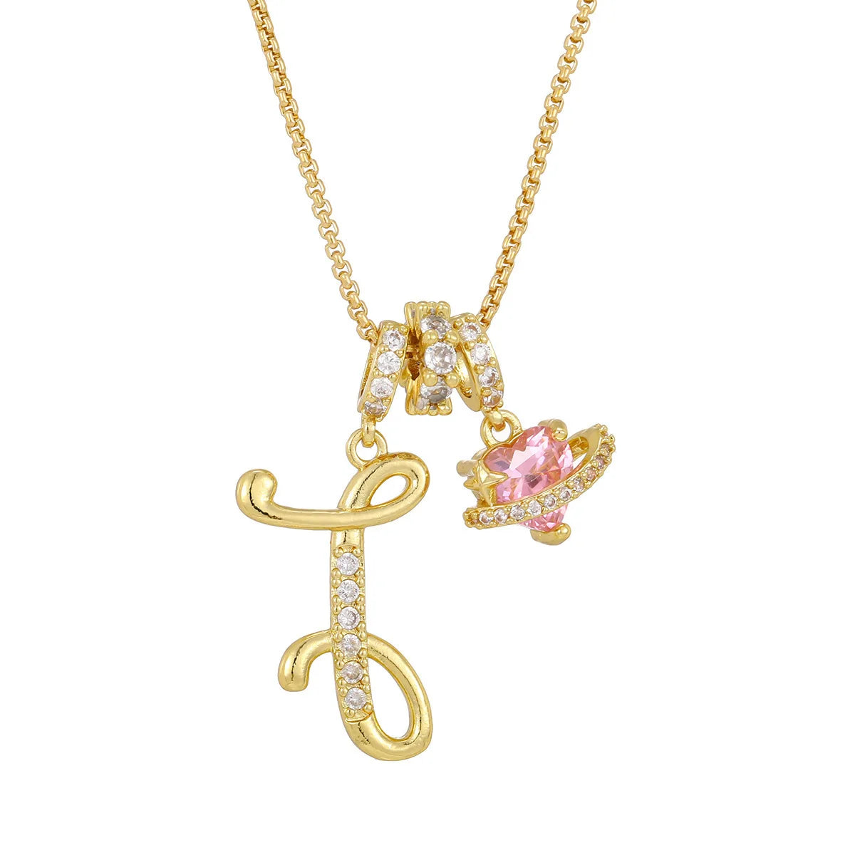 Gold letter pendant necklace featuring an initial charm and a pink gemstone pendant