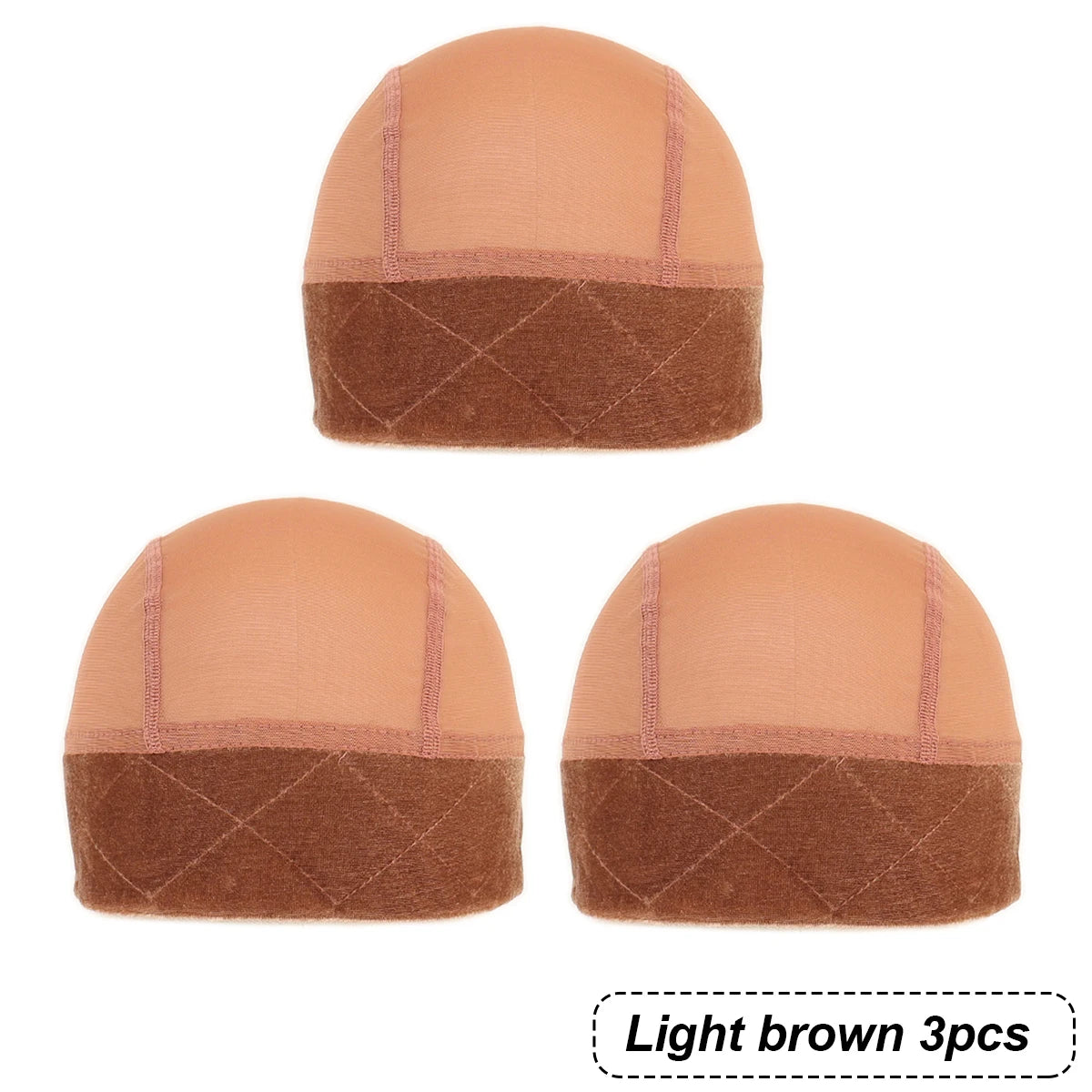 Three light brown velvet wig grip caps shown side by side