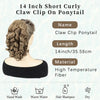 A black claw clip ponytail extension for curly hair shown on a model's head.