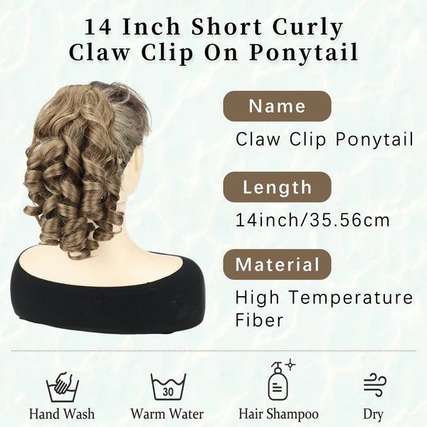 A black claw clip ponytail extension for curly hair shown on a model's head.