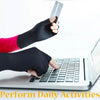 Hands wearing black compression gloves typing on a laptop with icons for various daily activities.