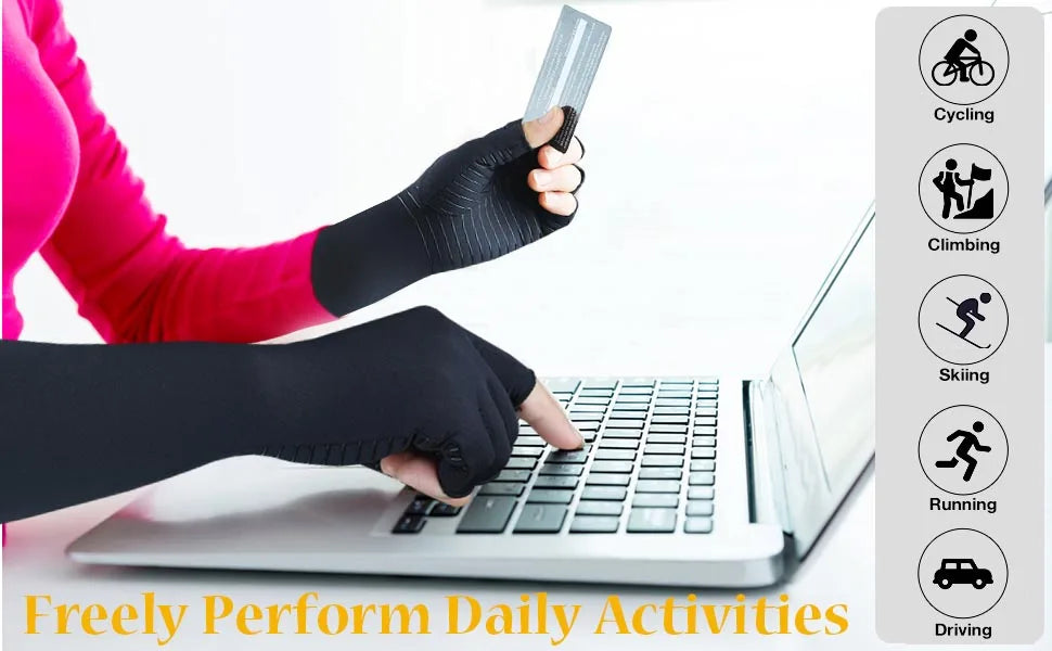 Hands wearing black compression gloves typing on a laptop with icons for various daily activities.