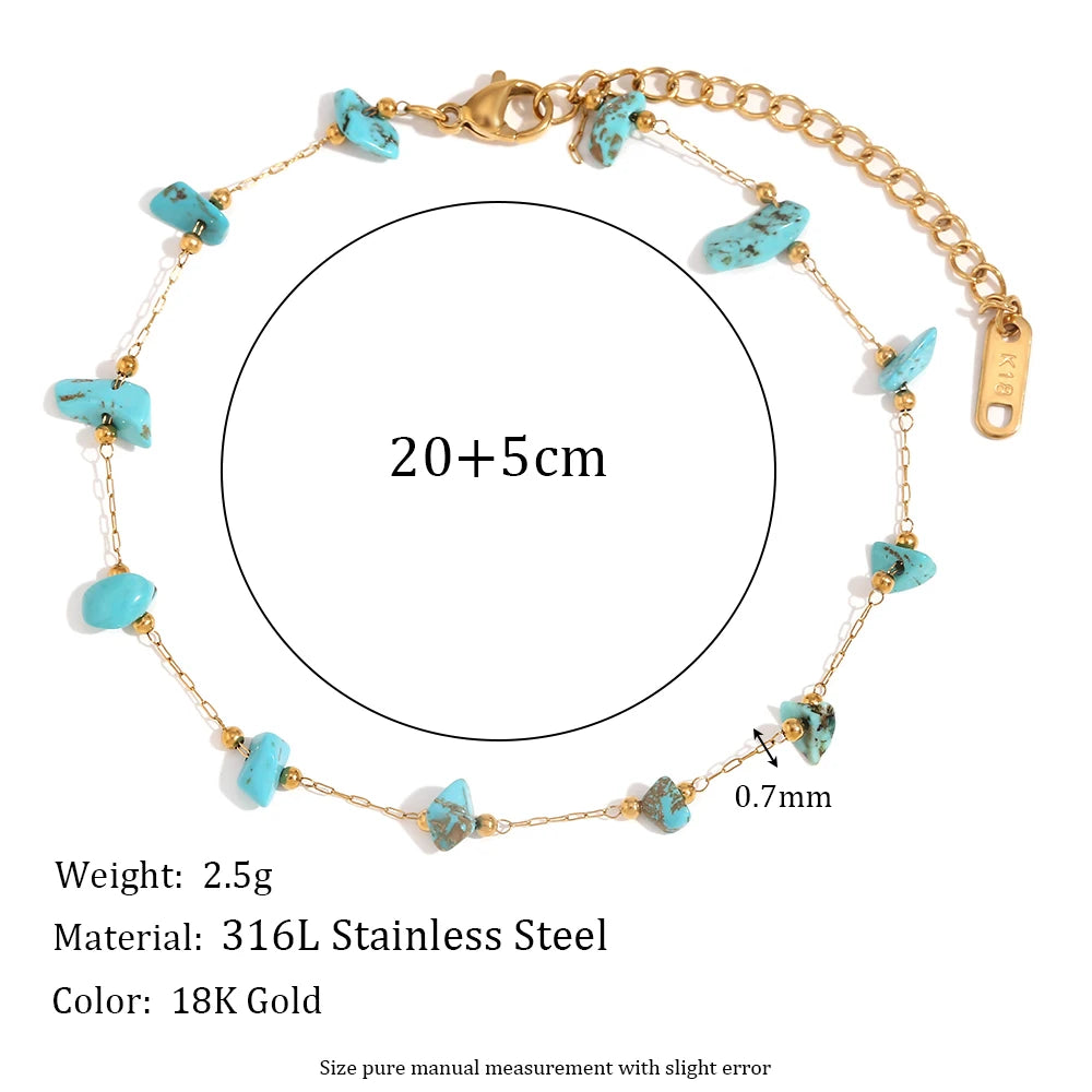Gold plated foot chains made of crushed stone with a turquoise finish