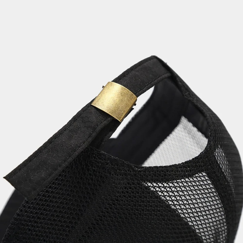 Black mesh sun visor cap with a gold accent buckle