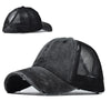 A black vintage mesh baseball cap shown in two views.