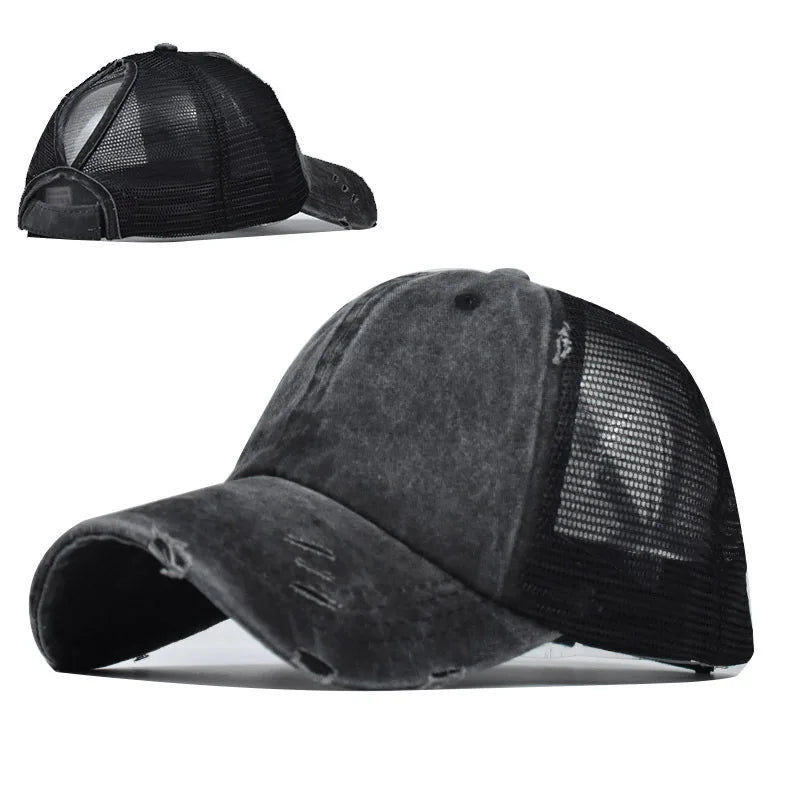 A black vintage mesh baseball cap shown in two views.