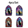A set of four stained glass cat enamel brooches featuring various poses and colors.