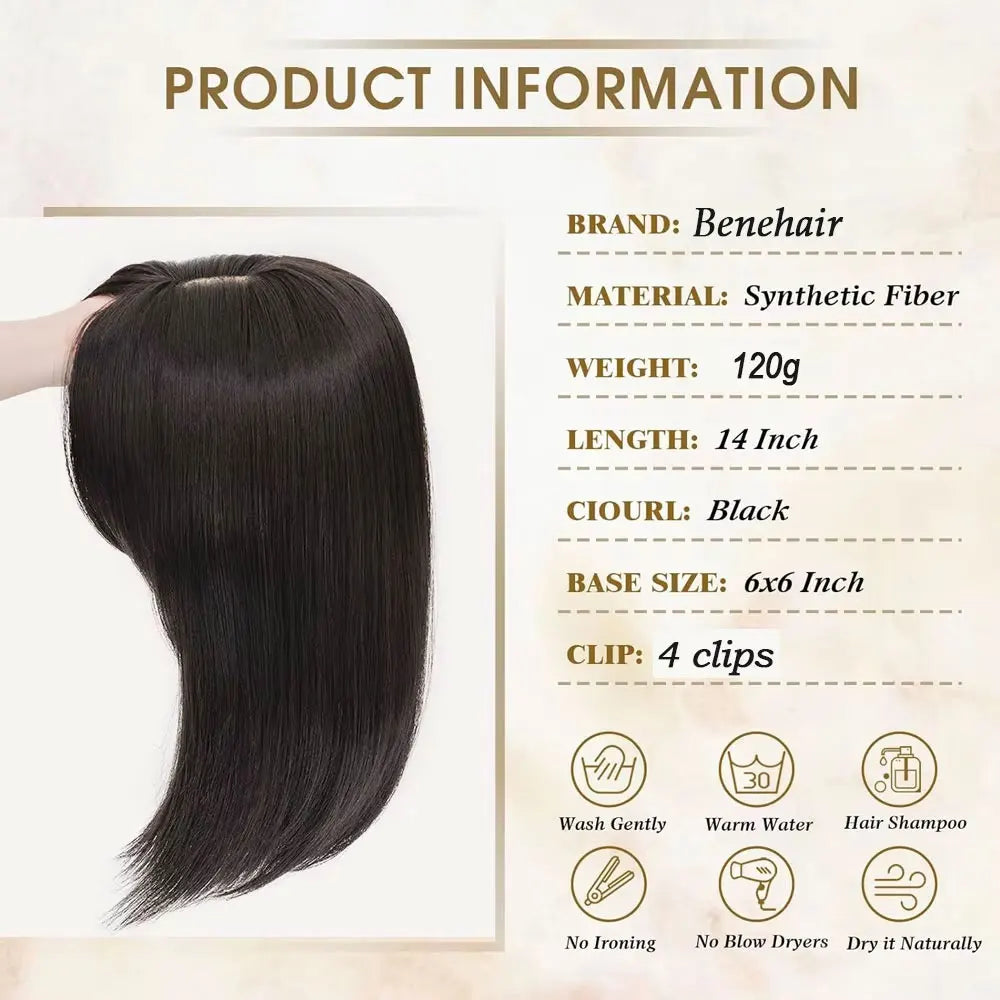 A package showing a straight black hair topper with bangs, detailing brand information and usage instructions.