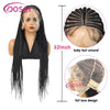 A long black synthetic braided wig with a full lace design shown on a mannequin head.