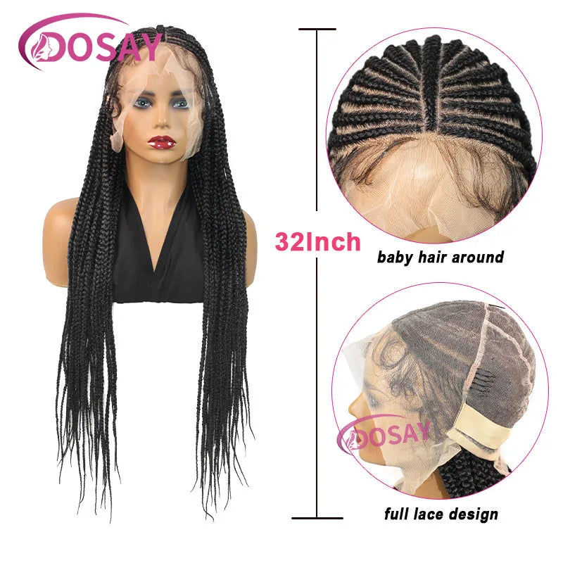 A long black synthetic braided wig with a full lace design shown on a mannequin head.