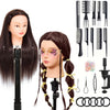 A display of professional cosmetology practice mannequin heads with long dark hair and various styling tools.