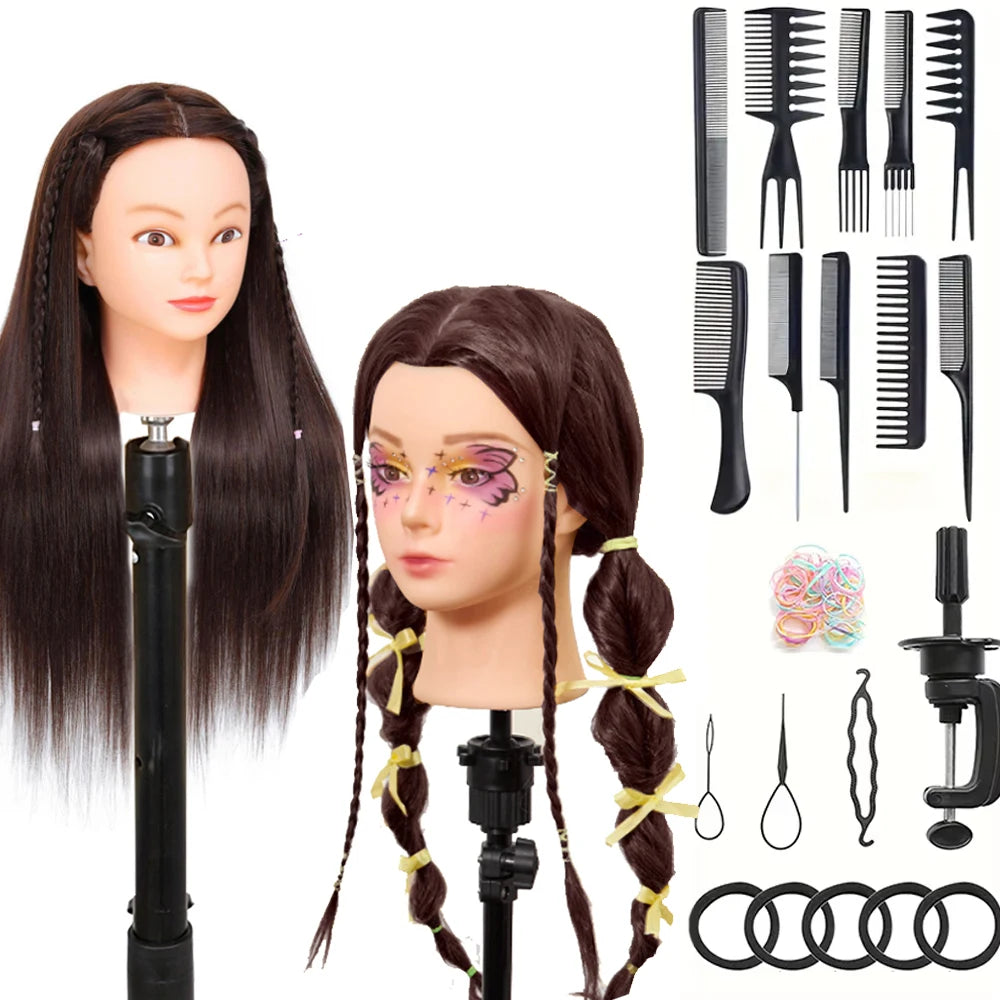 A display of professional cosmetology practice mannequin heads with long dark hair and various styling tools.