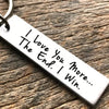 A silver keychain tag engraved with the message I Love You More I Win on a wooden surface.