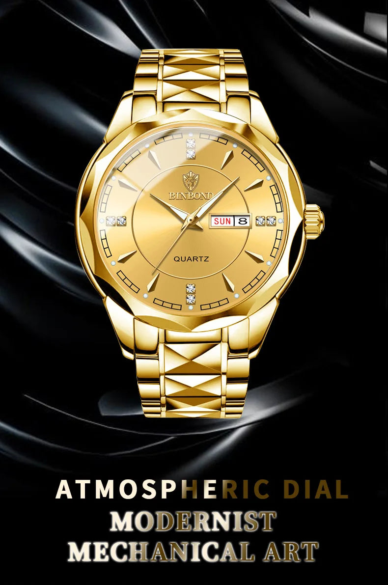 A close-up shot of a gold-toned watch with an atmospheric dial and modernist design set against a black background.