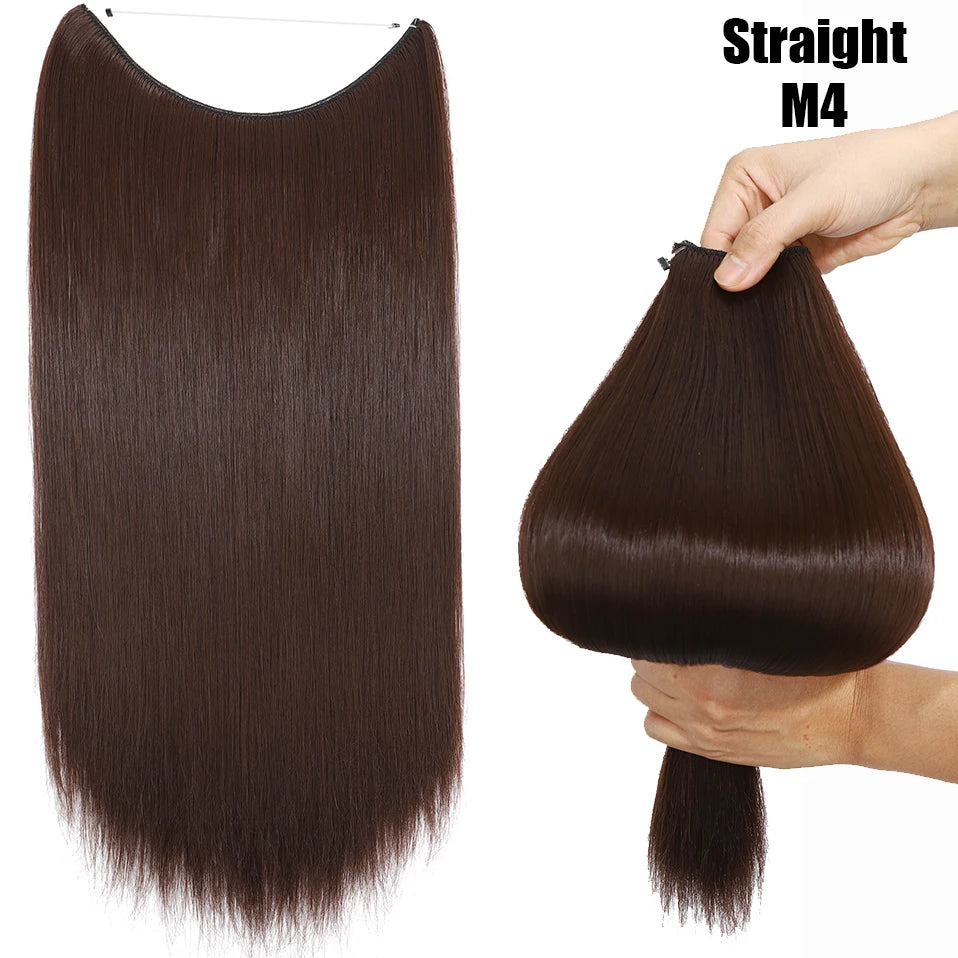 A dark brown straight hair extension shown in a rectangular package and being held by a hand.