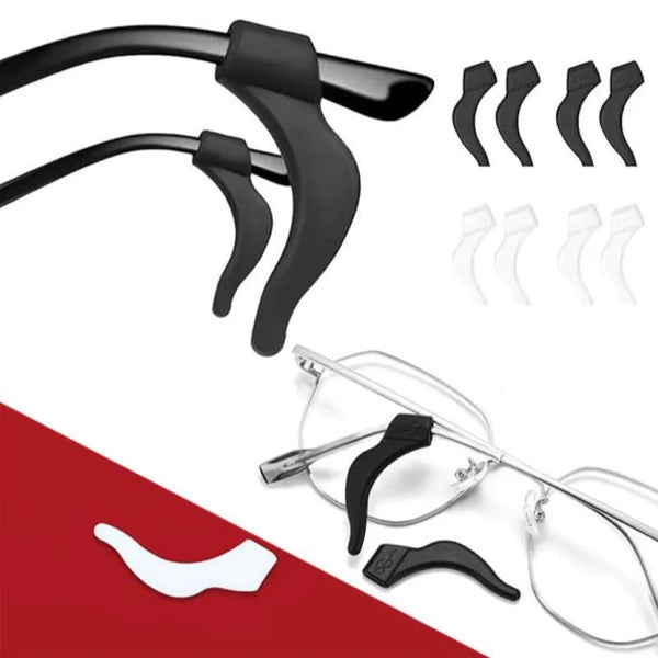 Black silicone ear grips for eyeglasses, shown in various sizes and angles.