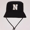 Black sun hat with a white letter N embroidered on the front and an adjustable cord.
