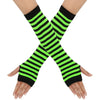 A pair of neon green and black striped knitted fingerless gloves crossed on a hand.
