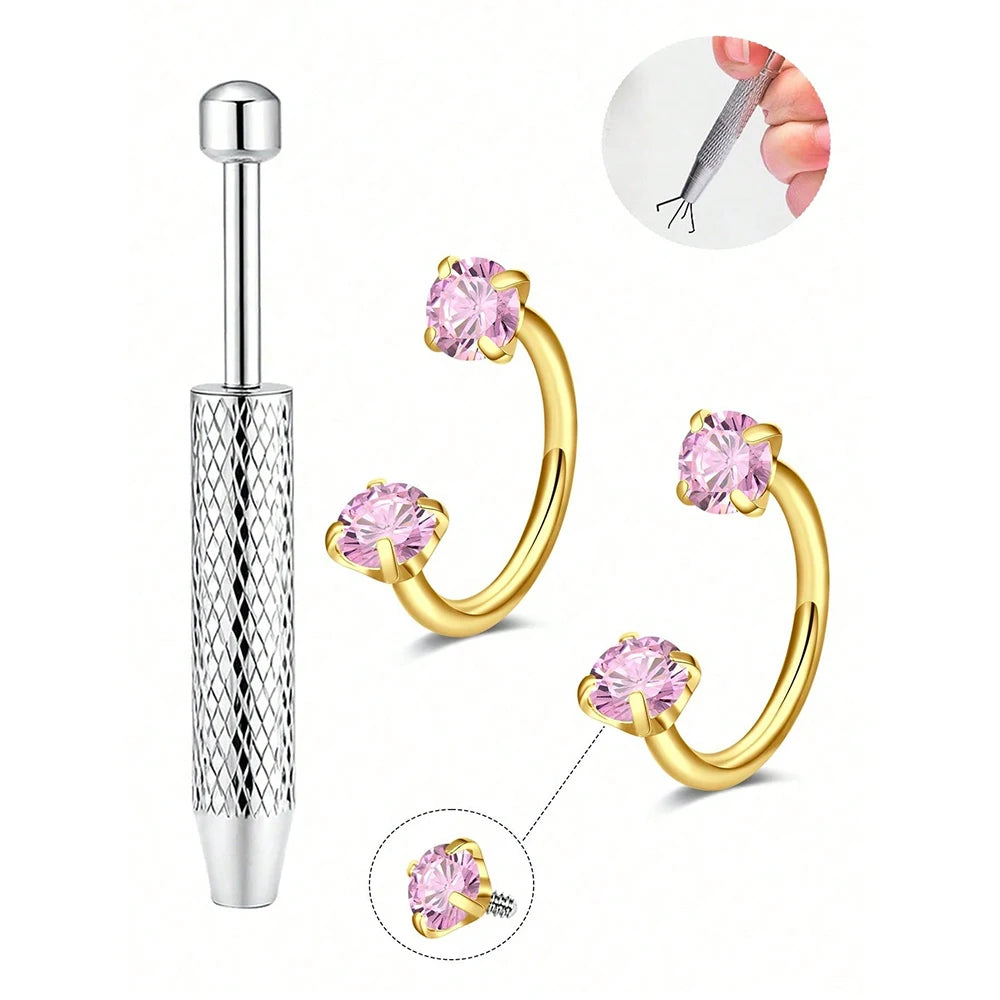 Stainless steel horseshoe nose stud with ball grabber and separate gemstone display