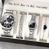 A gift box containing three silver-toned quartz wristwatches and a silver chain, with text stating the gift box is not includ