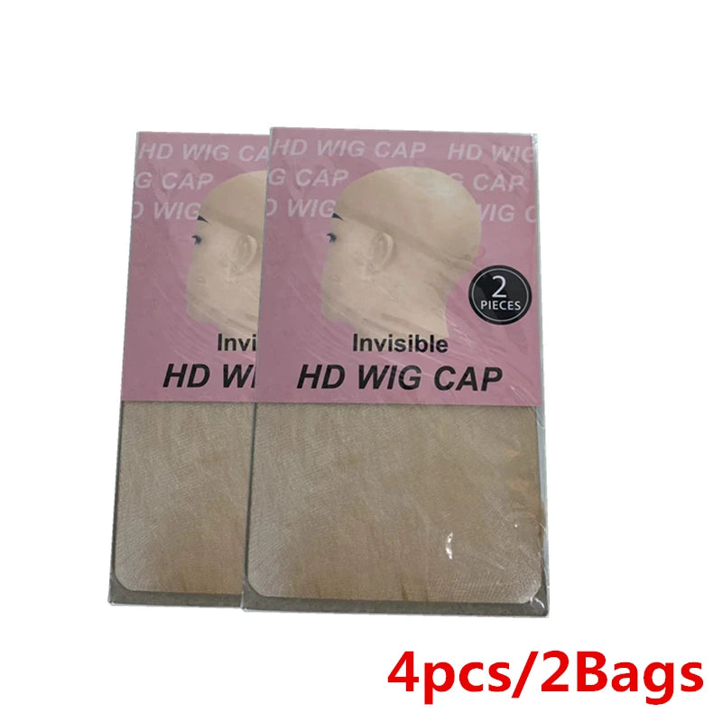 A package containing two invisible HD wig caps for natural hair, packaged in two bags.
