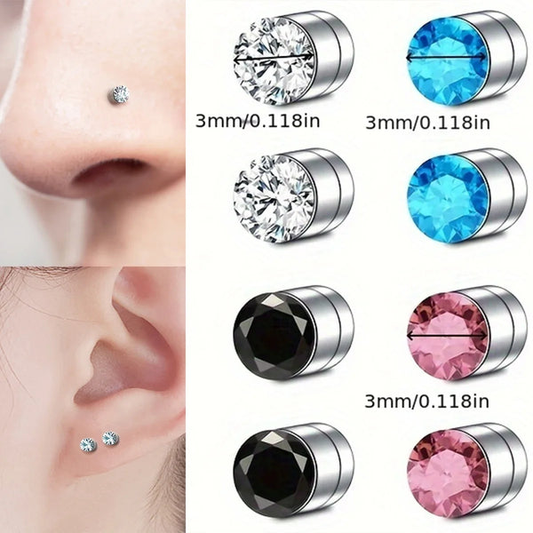 Close-up view of magnetic nose stud earrings in silver and pink tones, showing different facets and sizes.