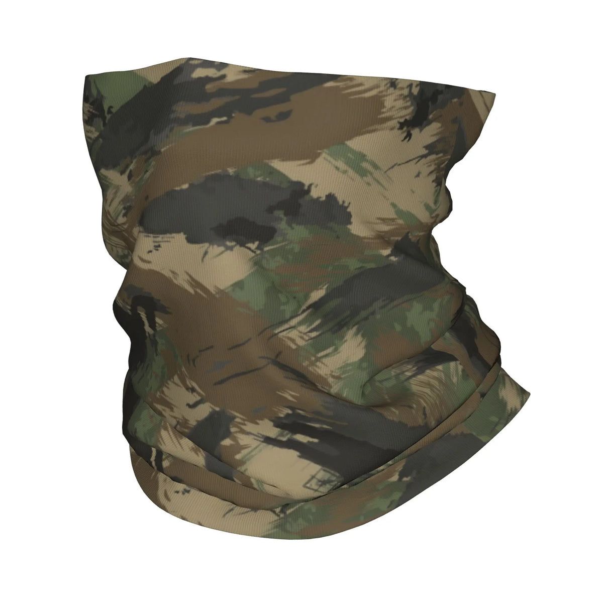 Buff de cuello con patrón de camuflaje, diseñado para actividades al aire libre en invierno.