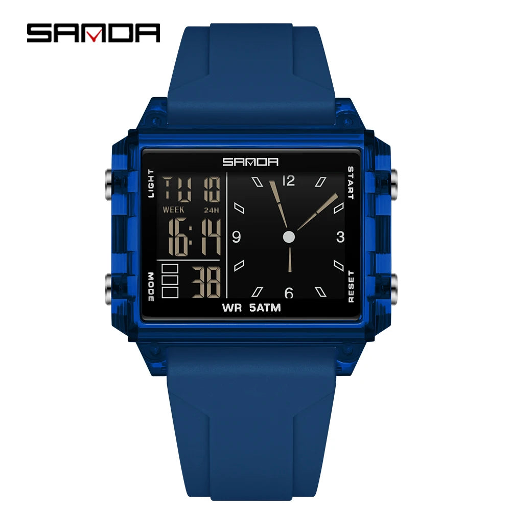A blue digital wristwatch with a black face and luminous display on a dark background.