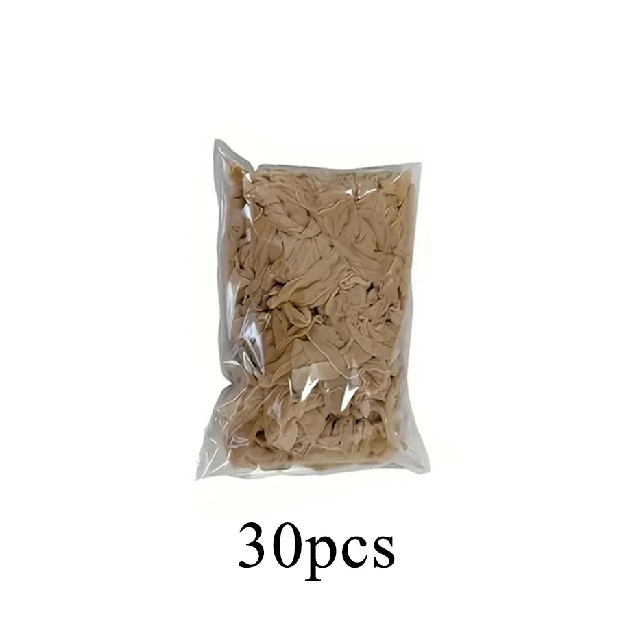 A clear plastic bag filled with 30 pieces of light brown hair nets for wig caps.