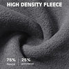 Nahaufnahme der Textur von hochdichtem Fleece-Stoff mit gewebtem Muster und Zusammensetzung aus 75% Fleece und 25% Polyester.