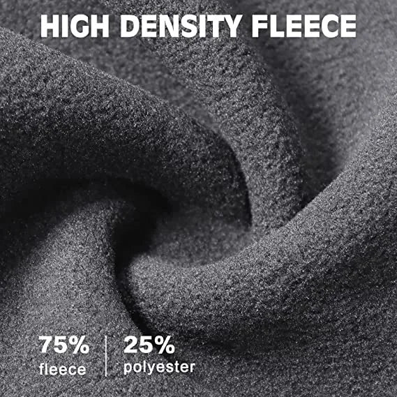 Nahaufnahme der Textur von hochdichtem Fleece-Stoff mit gewebtem Muster und Zusammensetzung aus 75% Fleece und 25% Polyester.