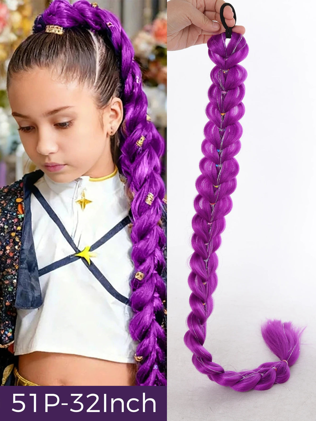 Purple long synthetic braided ponytail for girls