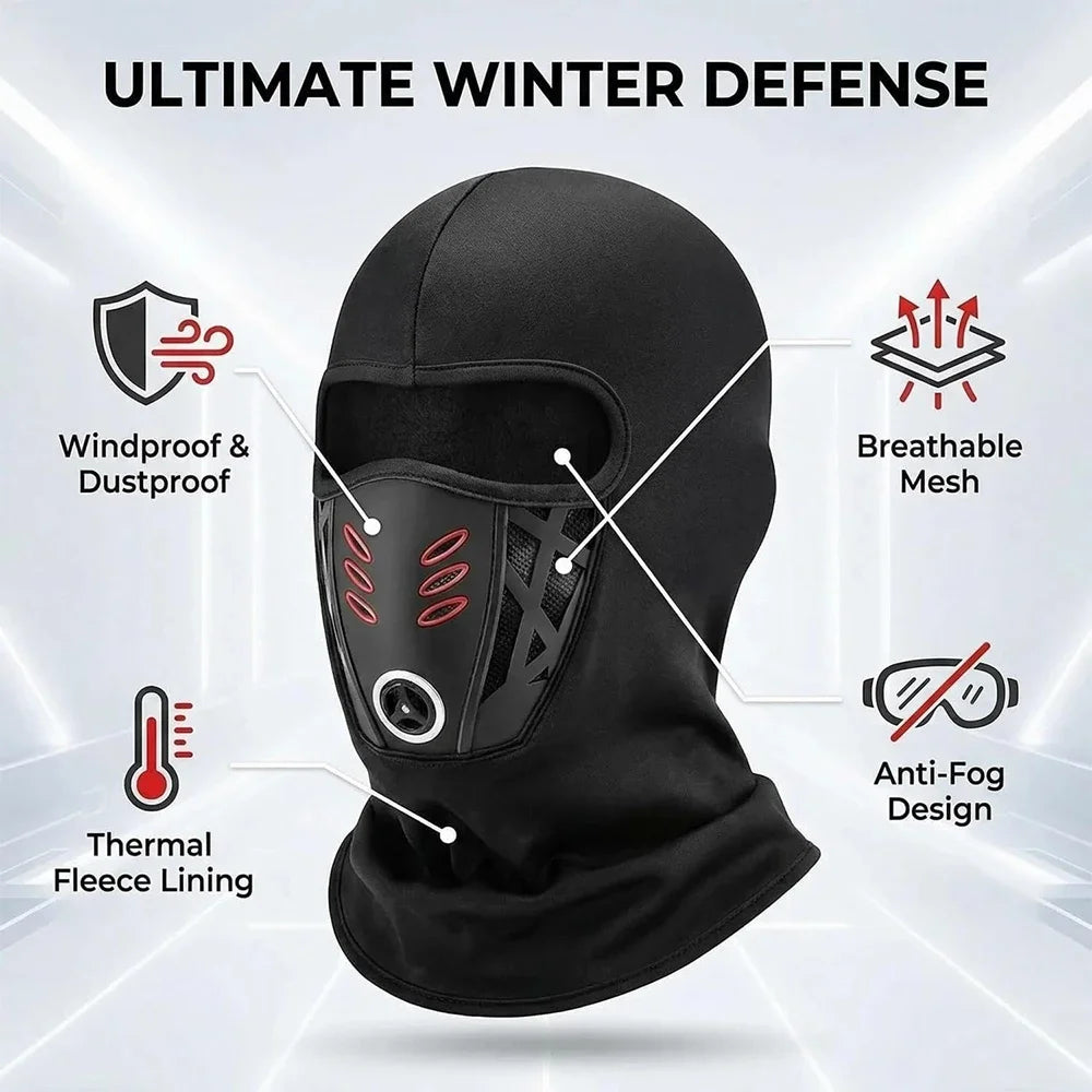 Black balaclava face mask with breathable mesh, anti-fog design, and thermal fleece lining for winter defense.