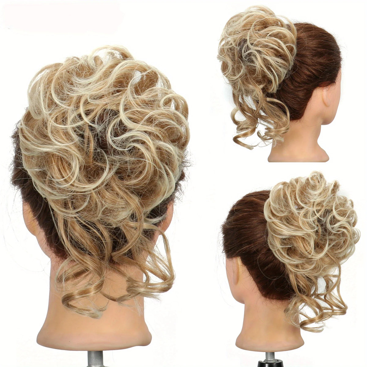 A woman's hair styled in a voluminous, curly blonde updo with a messy bun texture.