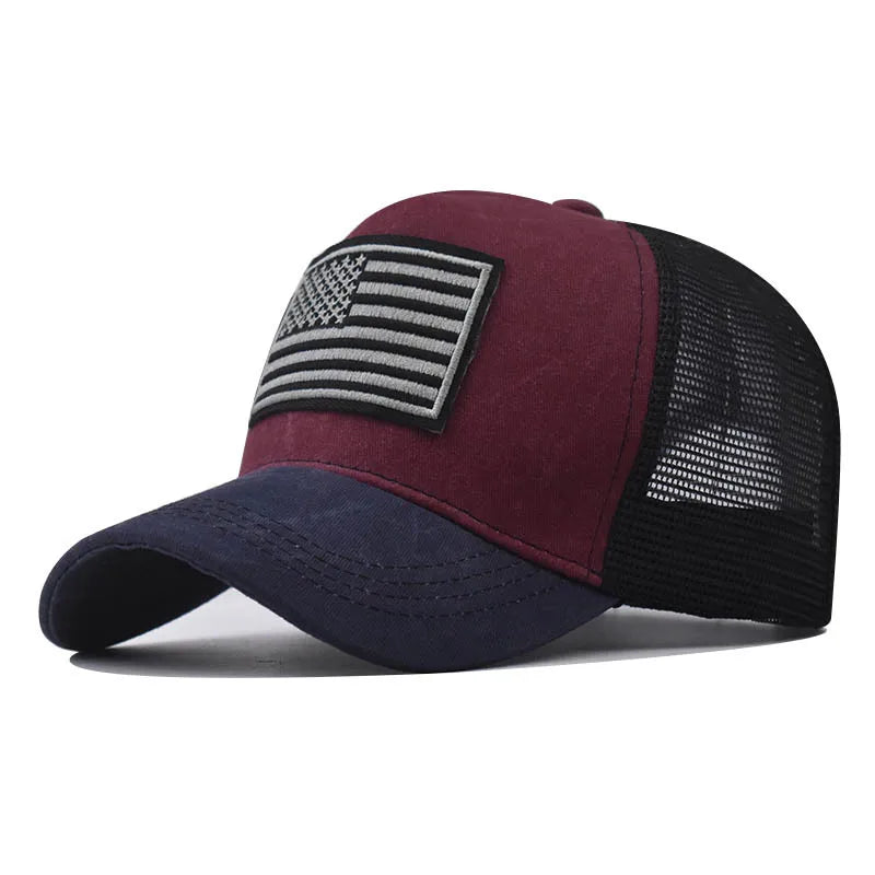 A maroon and black unisex tactical baseball cap featuring a distressed American flag patch on the front.