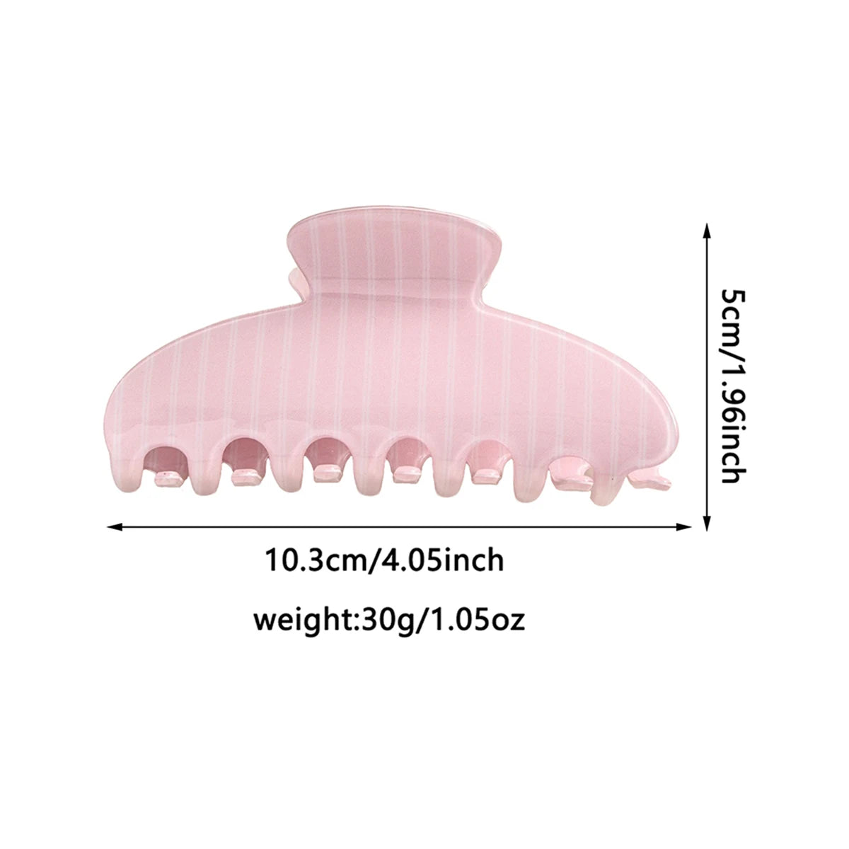 A pink striped plastic hair clip shown flat with dimensions 10.3cm long and 5cm high.