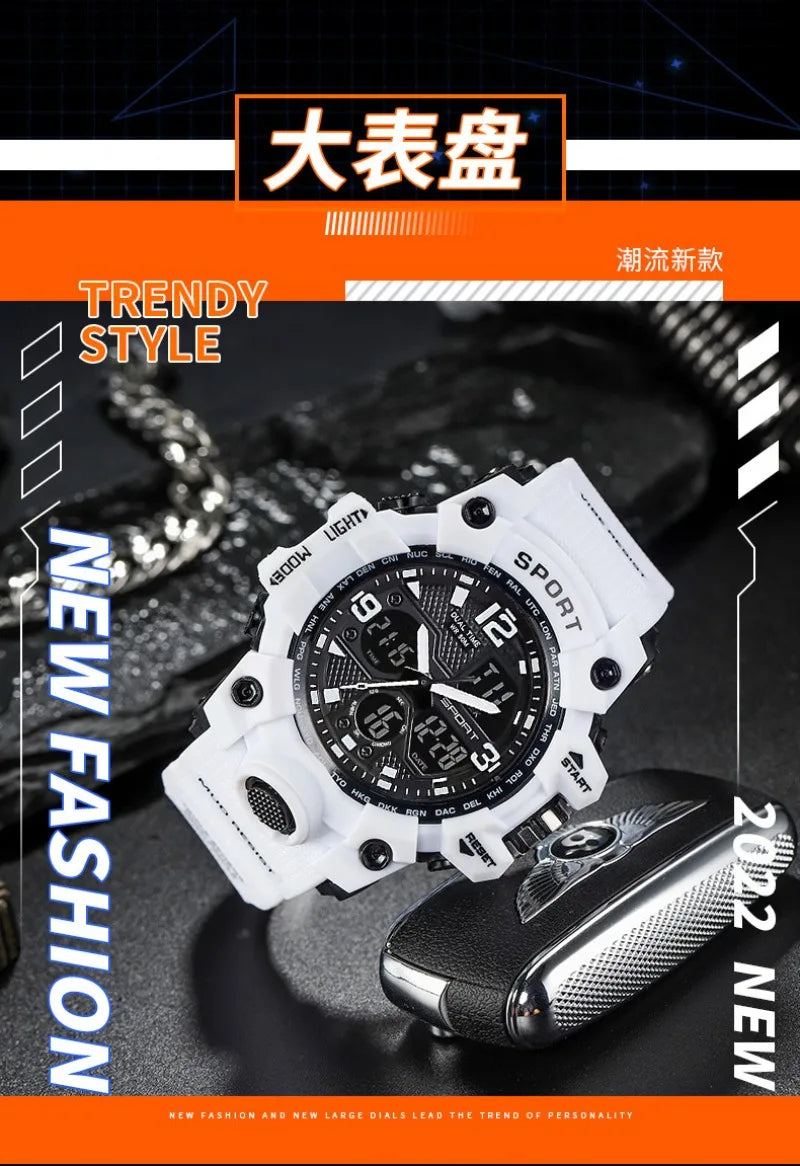 Montre sportive numérique homme blanche deux temps affichée sur fond sombre avec graphiques techniques