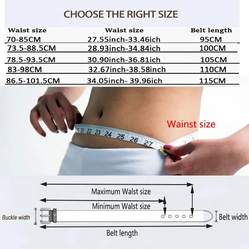 A close-up of a woman measuring her waist with a belt, alongside size charts and diagrams for an elegant PU belt.