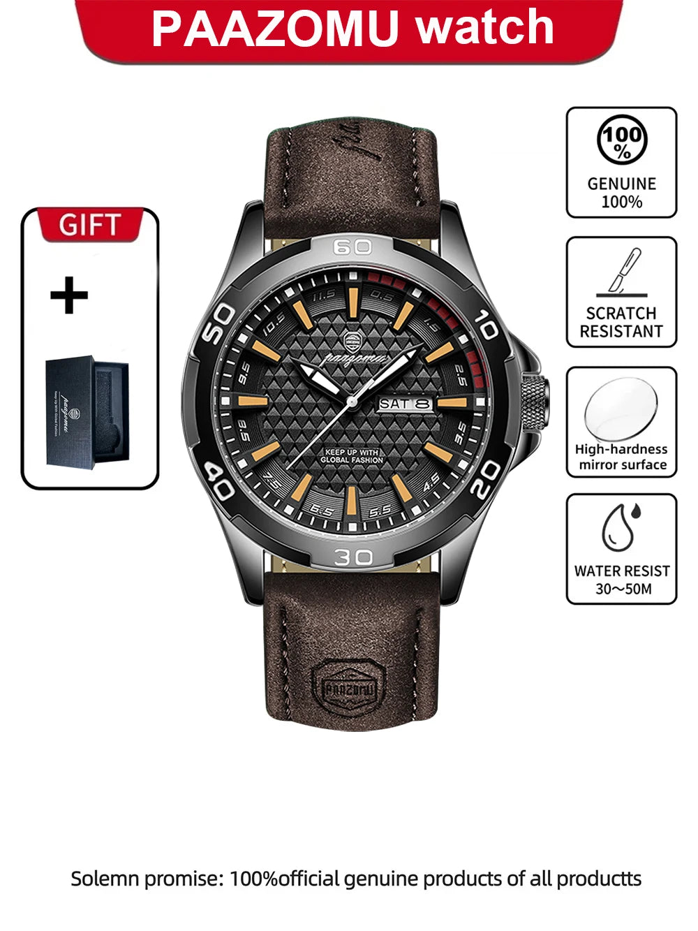 A dark brown PAAZOMU watch with a metal band and a black face displayed on a white background.